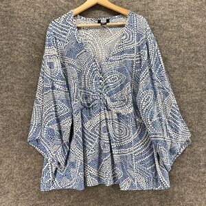 Studio 1940 Blouse Women 30/32W Plus Blue Geometric V-Neck Long Sleeve Button